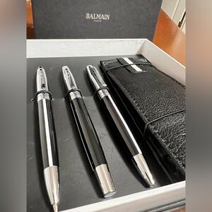 Balmain Black and Silver Pen and Pencil Trio with Case